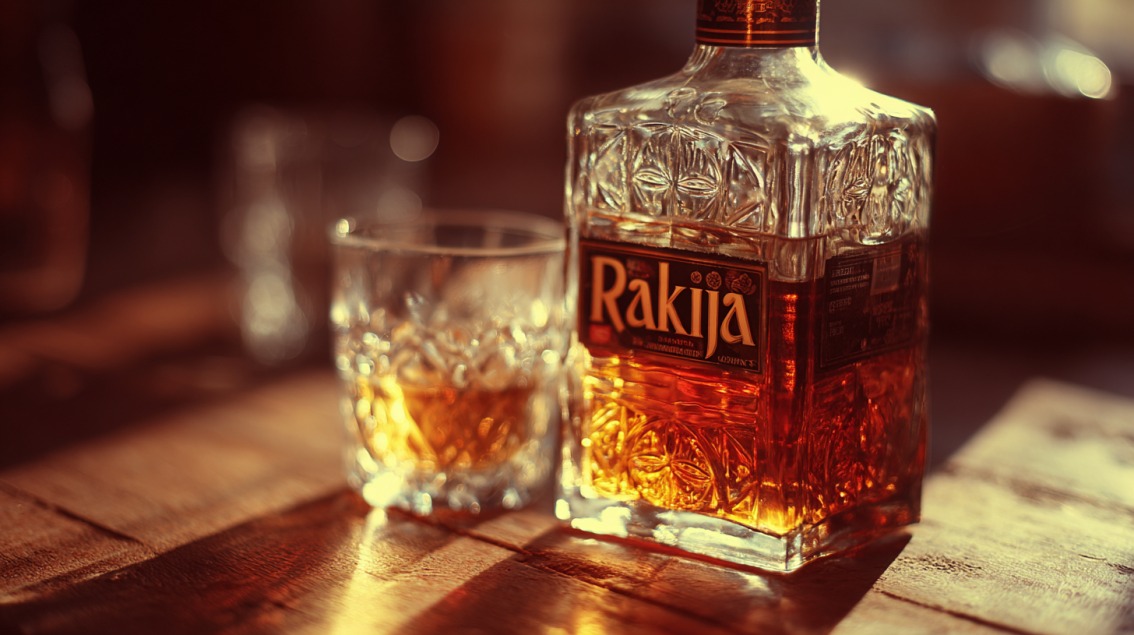 Flašа rakije i čaša napunjena rakijom na drvenom stolu