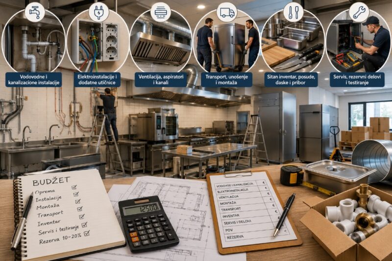 Profesionalna kuhinja u fazi opremanja sa prikazom dodatnih troškova kao što su instalacije, ventilacija, montaža, inventar i servis