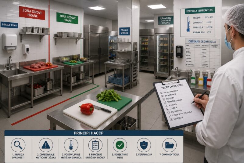Profesionalna restoranska kuhinja sa odvojenim zonama za sirove i gotove namirnice, pranjem ruku, kontrolom temperature i HACCP proverom